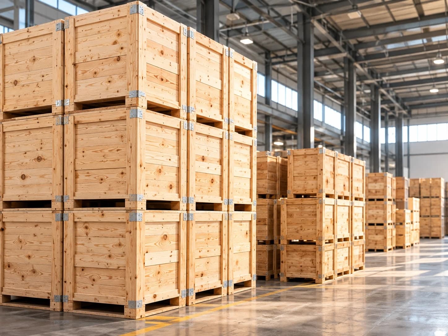 Cajas de madera apiladas en bodega