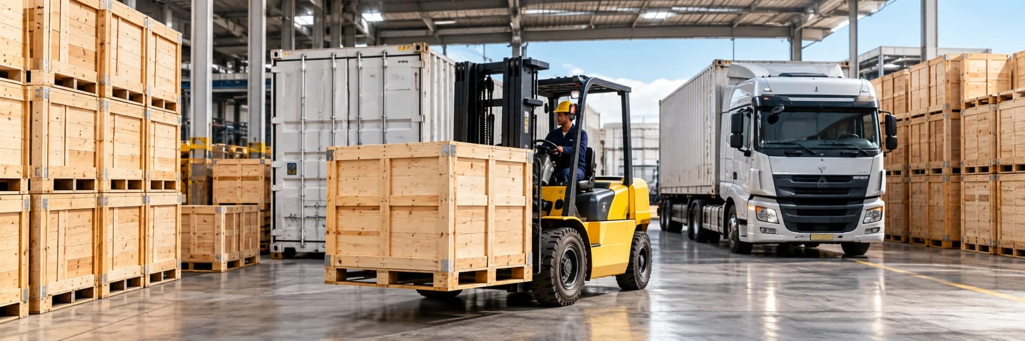 Montacargas cargando una caja de madera